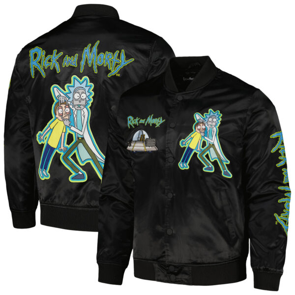 Men's Freeze Max Black Rick And Morty Graphic Satin Full-Snap Jacket