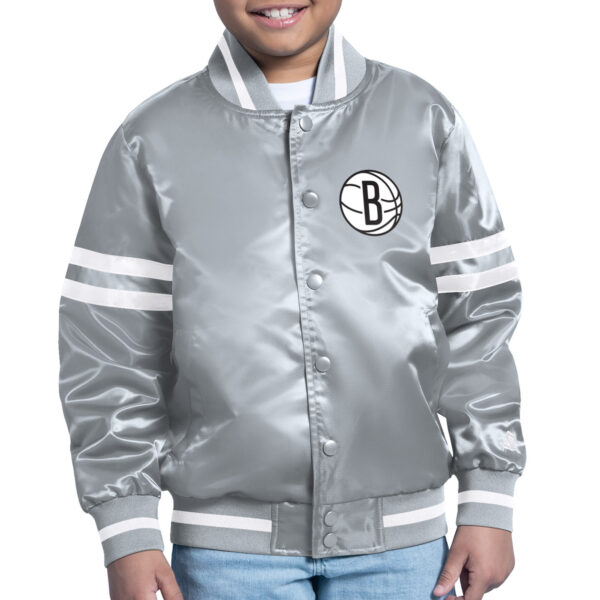 Youth Starter  Gray Brooklyn Nets Printed Shield Logo Satin Varsity Full-Snap Jacket