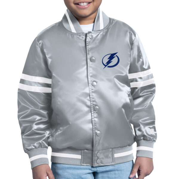 Youth Starter Gray Tampa Bay Lightning Printed Team Logo Satin Varsity Full-Snap Jacket