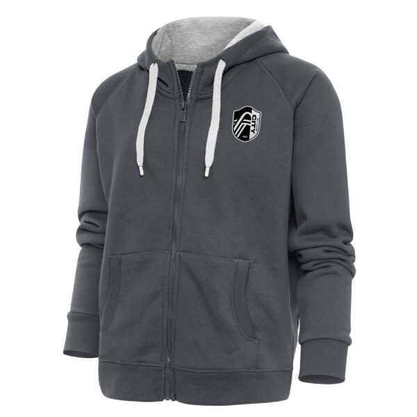 Women's Antigua Charcoal St. Louis City SC Brushed Metallic Logo Victory Full-Zip Hoodie