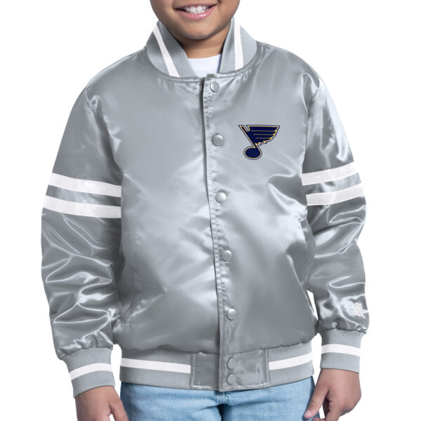 Youth Starter Gray St. Louis Blues Printed Team Logo Satin Varsity Full-Snap Jacket