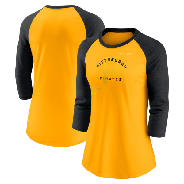 Women's Nike Gold/Black Pittsburgh Pirates Next Up Tri-Blend Raglan 3/4-Sleeve T-Shirt