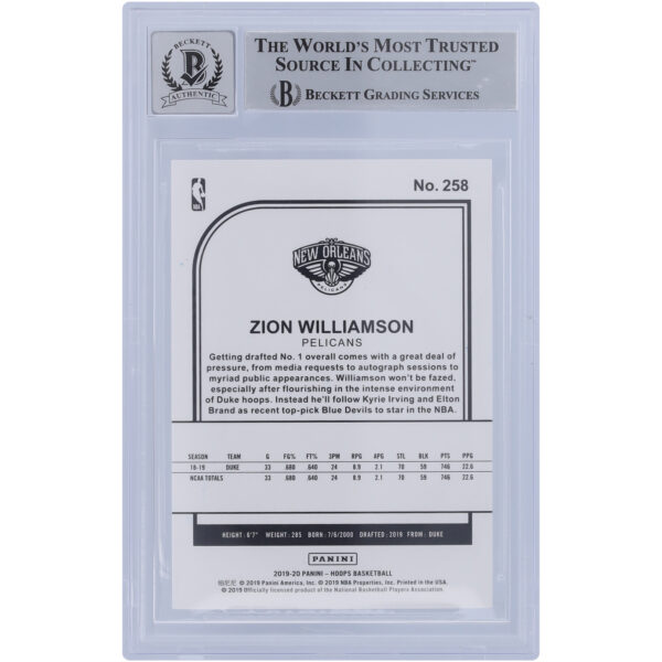 Zion Williamson New Orleans Pelicans Autographed 2019-20 Panini Hoops #258 Beckett Fanatics Witnessed Authenticated 10 Rookie Card - Image 5