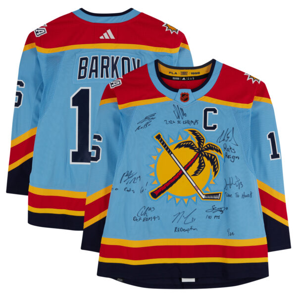 Florida Panthers 2024 Stanley Cup Champions Autographed 2022-23 Reverse Retro Light Blue adidas Authentic Jersey with Multiple Signatures and Inscriptions - Limited Edition #1/24 - Image 2