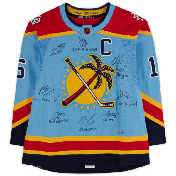 Florida Panthers 2024 Stanley Cup Champions Autographed 2022-23 Reverse Retro Light Blue adidas Authentic Jersey with Multiple Signatures and Inscriptions - Limited Edition #1/24 - Image 3