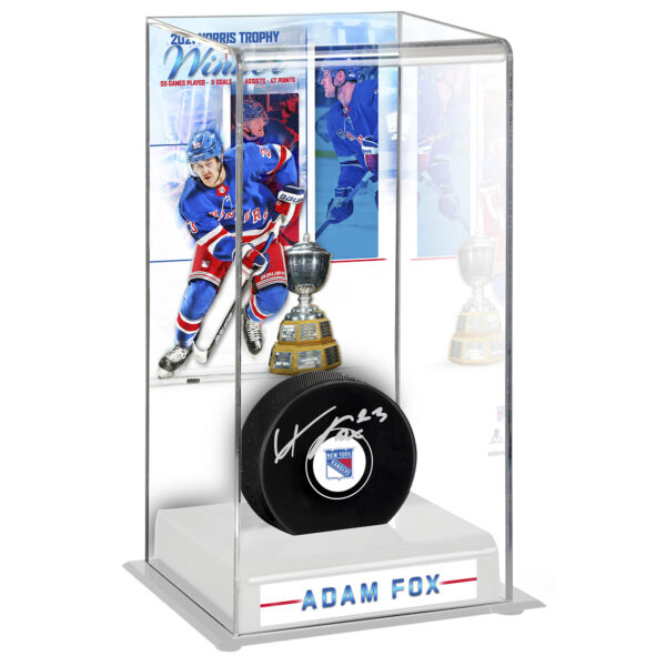 Adam Fox New York Rangers Autographed 2021 Norris Trophy Winner Autographed Puck with Deluxe Tall Hockey Puck Case