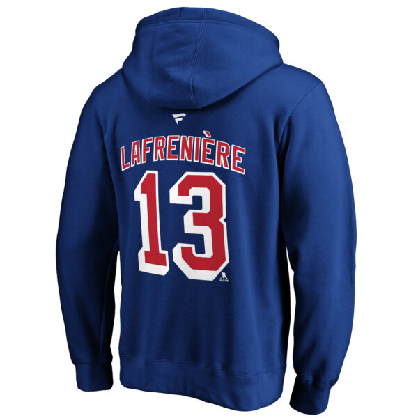 Men's Fanatics Alexis Lafreniere Royal New York Rangers Authentic Stack Player Name & Number Fitted Pullover Hoodie - Image 7