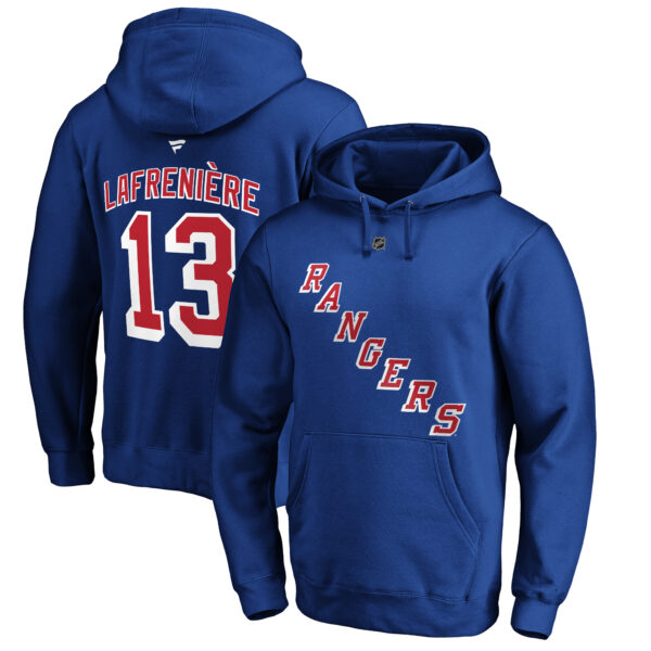 Men's Fanatics Alexis Lafreniere Royal New York Rangers Authentic Stack Player Name & Number Fitted Pullover Hoodie
