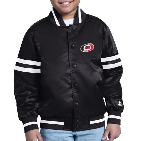 Youth Starter Black Carolina Hurricanes Printed Team Logo Satin Varsity Full-Snap Jacket