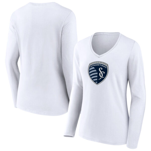 Women's White Sporting Kansas City Official Logo Long Sleeve V-Neck T-Shirt