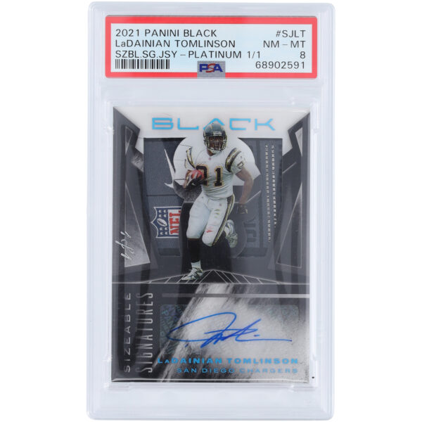 LaDainian Tomlinson San Diego Chargers Autographed 2021 Panini Black Logo Relic Platinum #SJ-LT #1/1 PSA Authenticated 8 Card