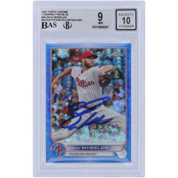 Zack Wheeler Philadelphia Phillies Autographed 2022 Topps Chrome Logofractor Blue #45 #/150 Beckett Fanatics Witnessed Authenticated 9/10 Card