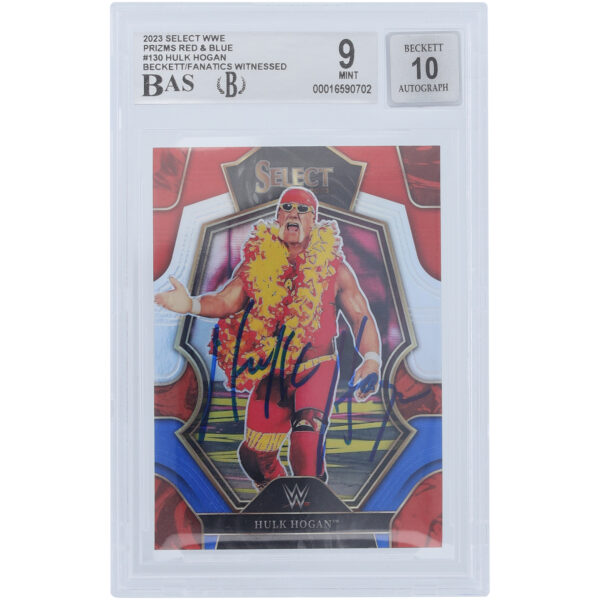Hulk Hogan WWE Autographed 2023 Panini Select Red & Blue Prizm #130 Beckett Fanatics Witnessed Authenticated 9/10 Card - Image 4