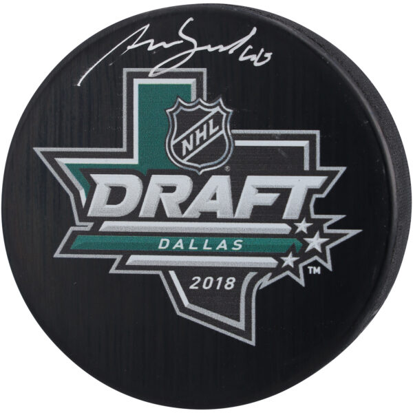Akira Schmid New Jersey Devils Autographed 2018 Draft Logo Hockey Puck - Image 2