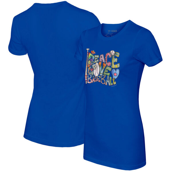 Women's Tiny Turnip Royal Chicago Cubs Peace Love Baseball Fitted T-Shirt - Image 5