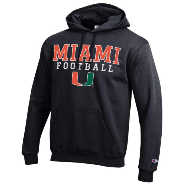 Men's Champion Black Miami Hurricanes Football Stack Pullover Hoodie - Image 6