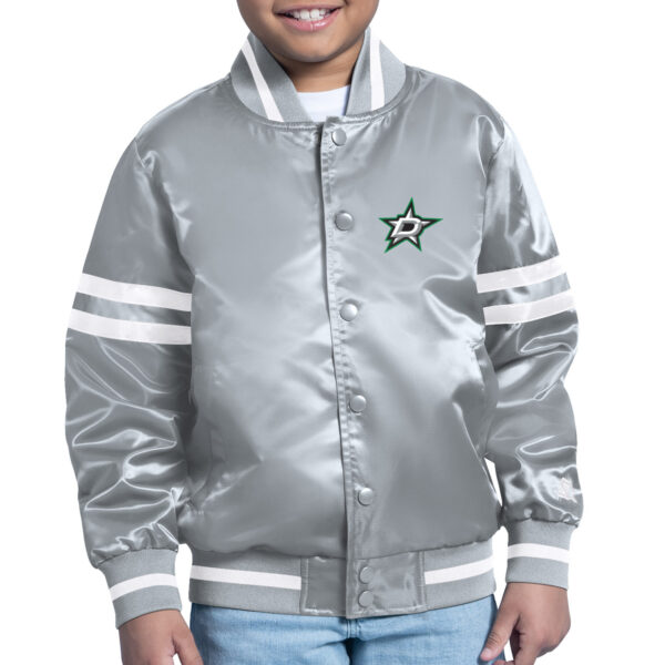 Youth Starter Silver Dallas Stars Printed Team Logo Satin Varsity Full-Snap Jacket