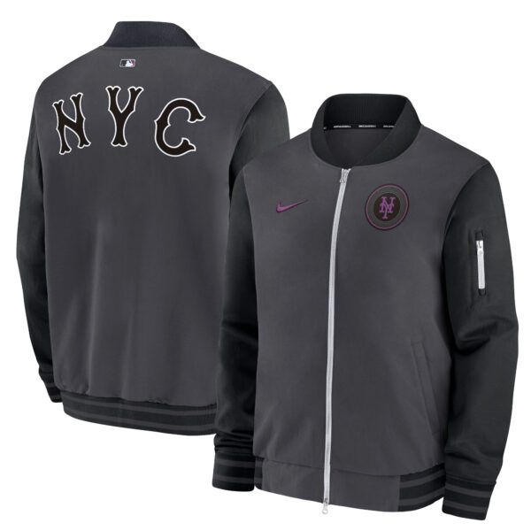 Men's Nike  Charcoal New York Mets 2024 City Connect Authentic Collection Game Time Full-Zip Bomber Jacket - Image 7
