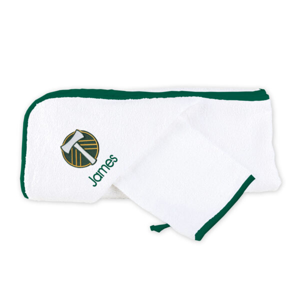 Infant White Portland Timbers Personalized Hooded Towel & Mitt Set