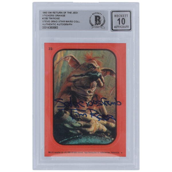 Tim Rose Star Wars Autographed 1983 Topps Return of the Jedi Stickers Orange #23B BGS Authenticated 10 Card with "Salacious Crumb" Inscription