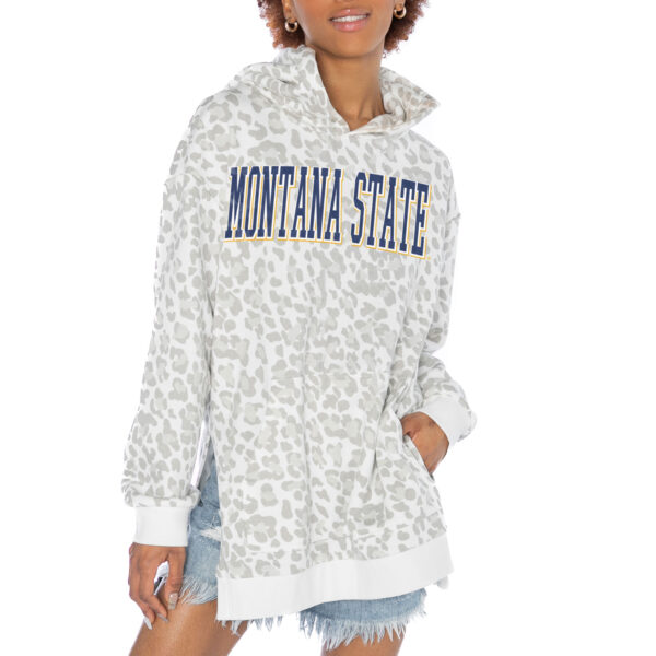 Women's Gameday Couture White Montana State Bobcats Home Team Advantage Leopard Print Oversized Side-Slit Pullover Hoodie