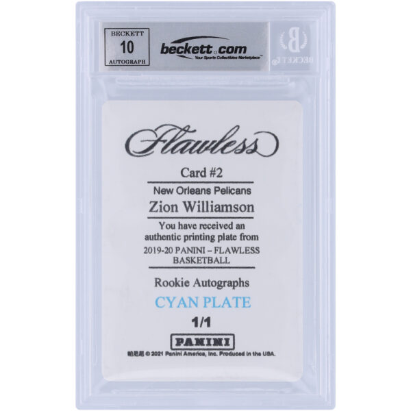 Zion Williamson New Orleans Pelicans Autographed 2019-20 Panini Flawless Rookie Autographs Cyan Printing Plate #2 #1/1 Beckett Fanatics Witnessed Authenticated 10 Rookie Card - Image 5