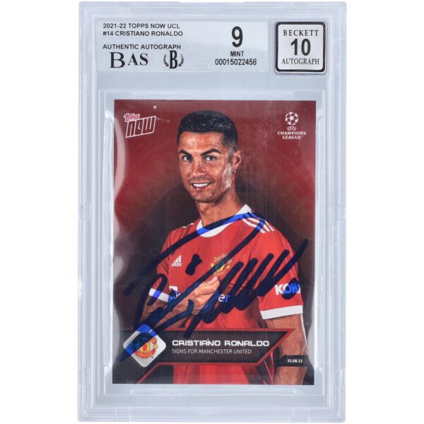 Cristiano Ronaldo Manchester United Autographed 2021-22 Topps Now UCL #14 BAS Authenticated 9/10 Card - 15022458