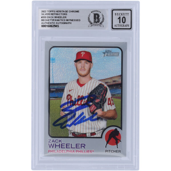 Zack Wheeler Philadelphia Phillies Autographed 2022 Topps Heritage Chrome Silver Refractors #333 #/673 Beckett Fanatics Witnessed Authenticated 10 Card - Image 4