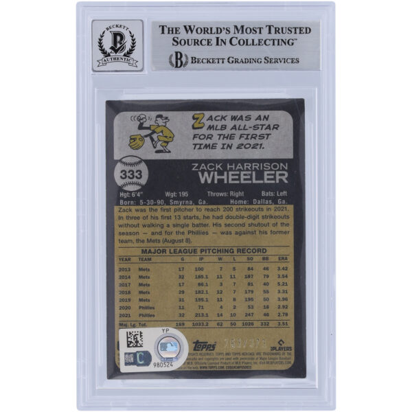 Zack Wheeler Philadelphia Phillies Autographed 2022 Topps Heritage Chrome Silver Refractors #333 #/673 Beckett Fanatics Witnessed Authenticated 10 Card - Image 5