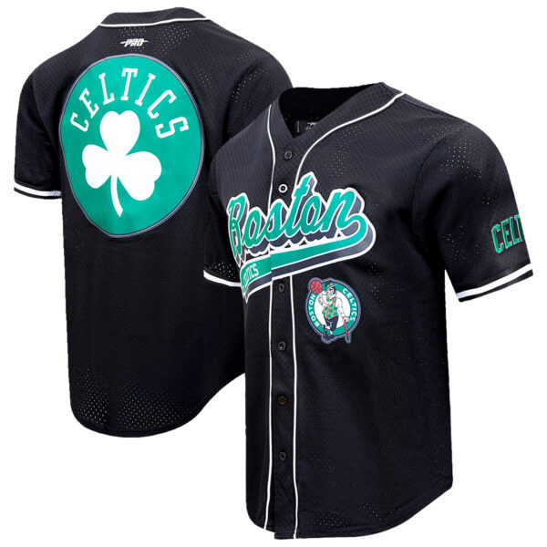 Men's Pro Standard Black Boston Celtics Script Tail Mesh V-Neck Button-Up Shirt