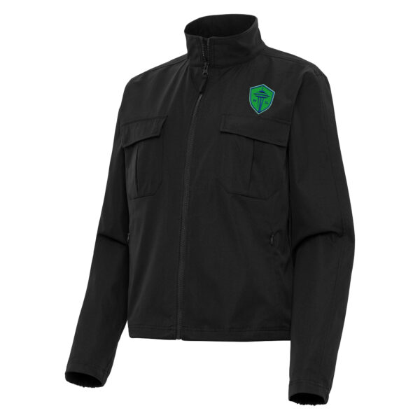 Women's Antigua Black Seattle Sounders FC Even Par Full-Zip Jacket