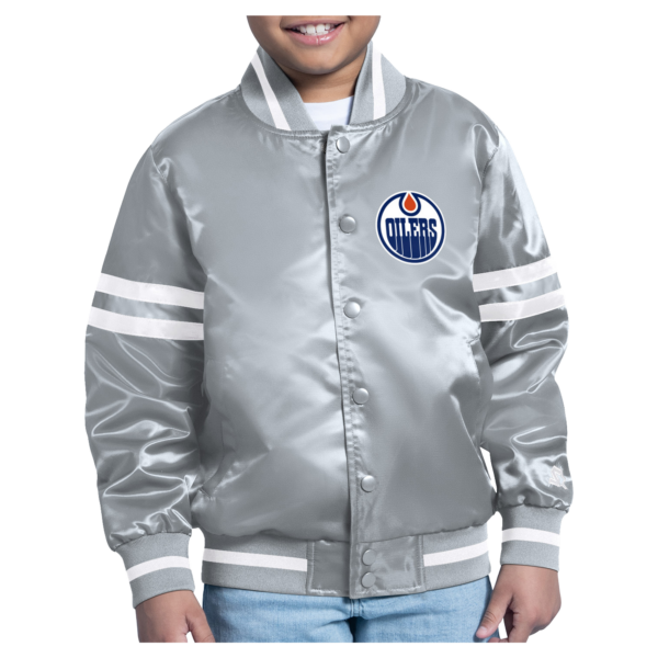 Youth Starter  Gray Edmonton Oilers Starter Printed Logo Satin Varsity Full-Snap Jacket