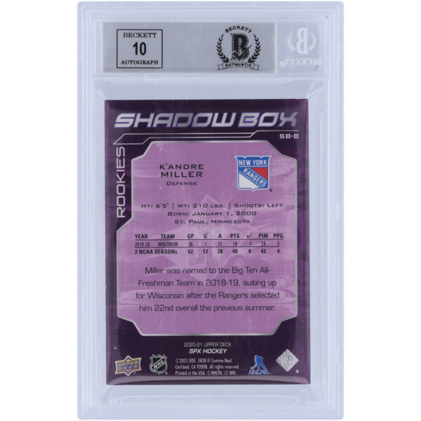 K'Andre Miller New York Rangers Autographed 2020-21 Upper Deck SPX Shawdow Box #SB-8 Beckett Fanatics Witnessed Authenticated 9/10 Rookie Card - Image 3