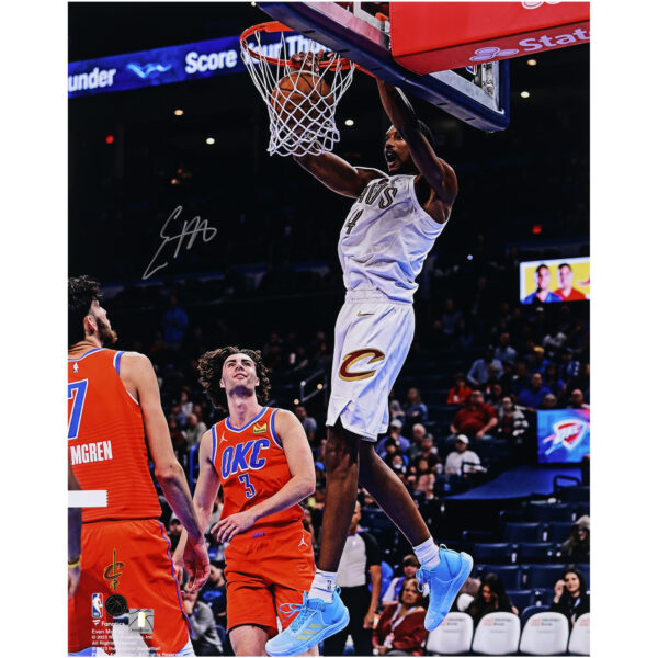 Evan Mobley Cleveland Cavaliers Autographed 16" x 20" White Jersey Dunking vs. Oklahoma Thunder Photograph