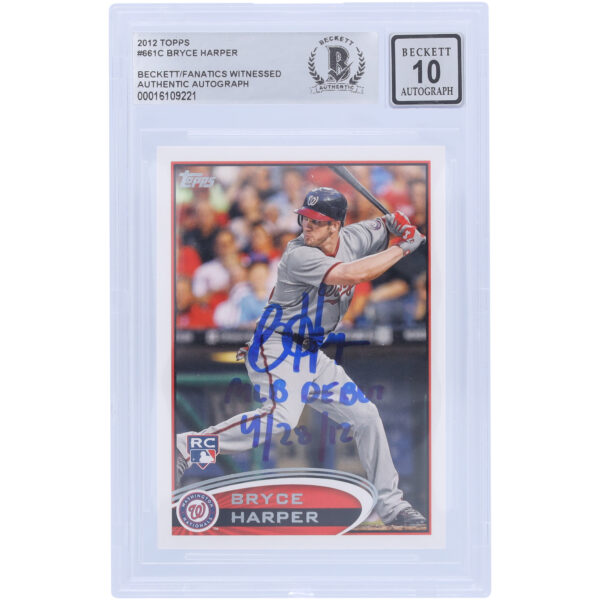 Bryce Harper Washington Nationals Autographed 2012 Topps Series 2 Hitting #661 Beckett Fanatics Witnessed Authenticated 10 Rookie Card with "MLB Debut 4/28/12" Inscription - Image 4