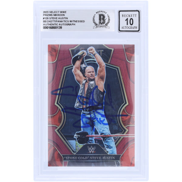 "Stone Cold" Steve Austin WWE Autographed 2023 Panini Select Maroon Prizm #128 #121/149 Beckett Fanatics Witnessed Authenticated 10 Card