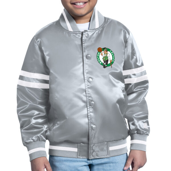 Youth Starter  Gray Boston Celtics Printed Shield Logo Satin Varsity Full-Snap Jacket