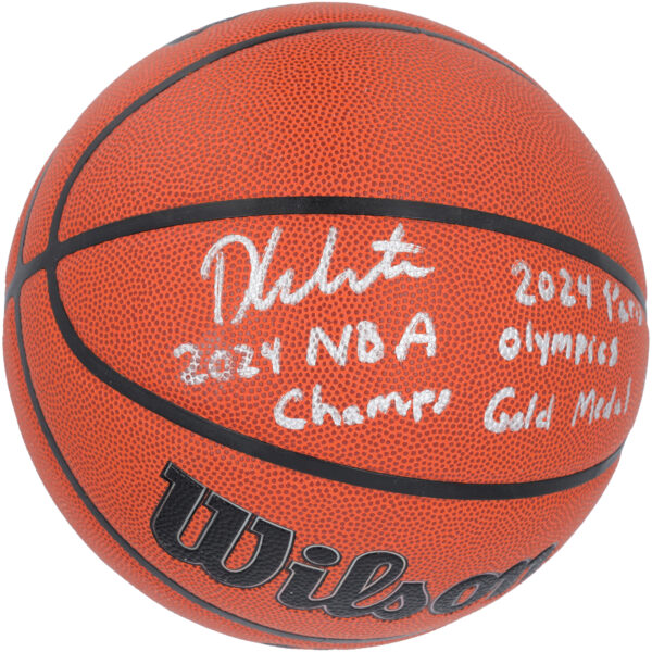Derrick White Boston Celtics Autographed Wilson Authentic Series Indoor/Outdoor Basketball with 2024 NBA Champion & Olympian Inscriptions - Limited Edition #8/8
