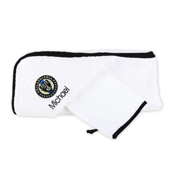 Infant White Philadelphia Union Personalized Hooded Towel & Mitt Set