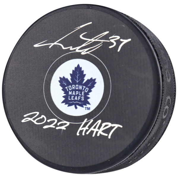 Auston Matthews Toronto Maple Leafs Autographed 2022 Hart Trophy Winner Hockey Puck with ''2022 Hart'' Inscription