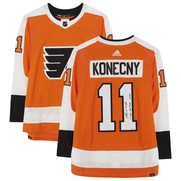 Travis Konecny Philadelphia Flyers Autographed Orange adidas Authentic Jersey with ''1ST NHL HAT TRICK 1/15/21'' Inscription - Limited Edition of 21 - NHL Auctions Exclusive