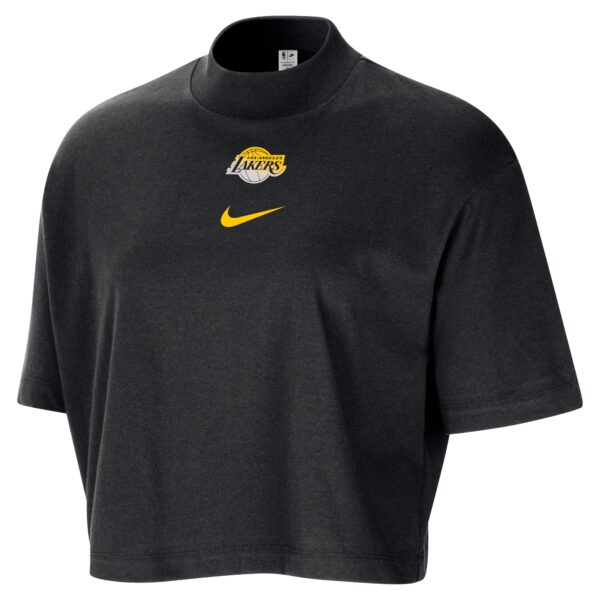 Women's Nike Black Los Angeles Lakers Courtside Mock Neck Loose Fit Cropped T-Shirt - Image 6