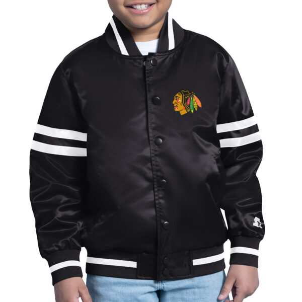 Youth Starter Black Chicago Blackhawks Printed Team Logo Satin Varsity Full-Snap Jacket