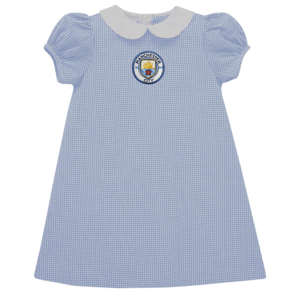 Girls Toddler Vive La Fete Sky Blue Manchester City Gingham Puffy A-Line Dress