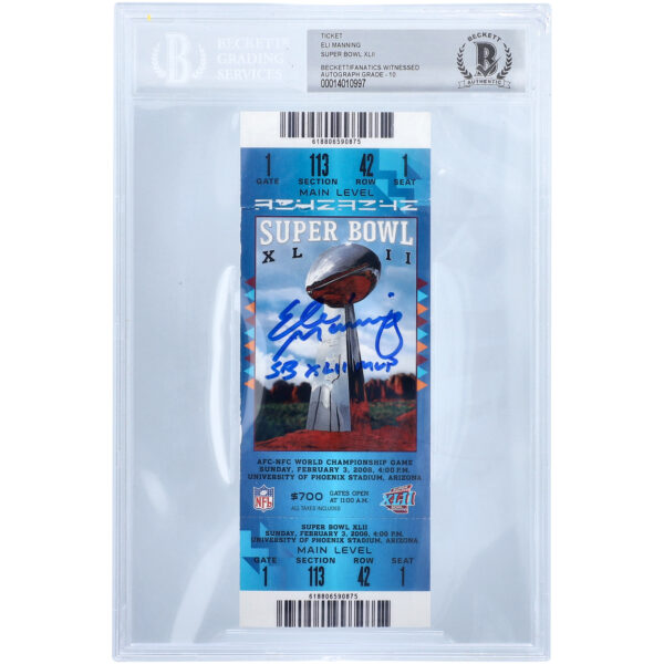 New York Giants Autographed Blue Super Bowl XLII BGS Authenticated 10 Ticket with ''SB XLII MVP'' Inscription