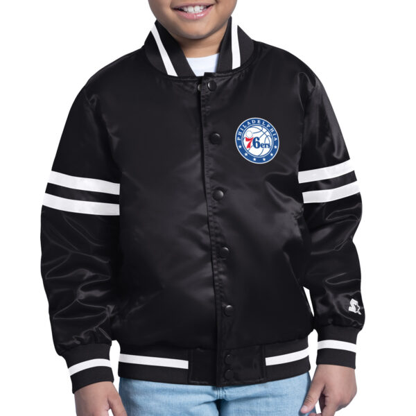 Youth Starter  Black Philadelphia 76ers Printed Shield Logo Satin Varsity Full-Snap Jacket