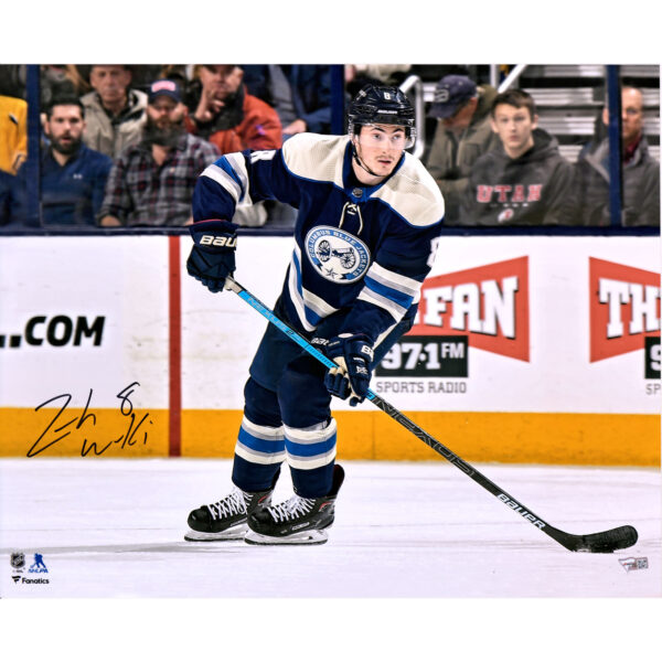 Zach Werenski Columbus Blue Jackets Autographed 16" x 20" Alternate Jersey Skating with Puck Photograph