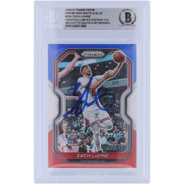 Zach LaVine Chicago Bulls Autographed 2020-21 Panini Prizm Red White & Blue #234 #/12 Beckett Fanatics Witnessed Authenticated Card