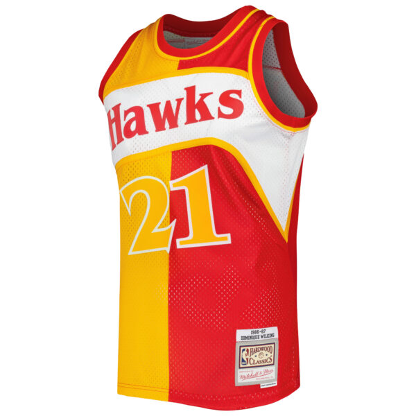 Men's Mitchell & Ness Dominique Wilkins Yellow/Red Atlanta Hawks Hardwood Classics 1986/87 Split Swingman Jersey - Image 7