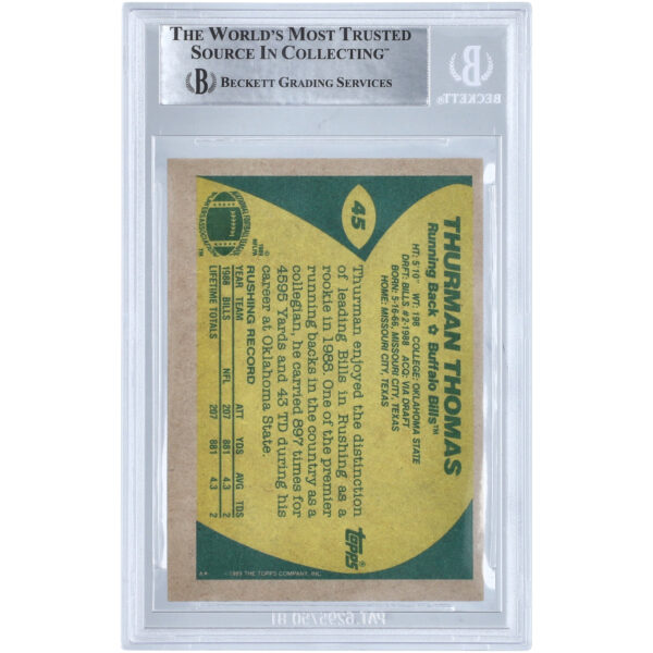 Thurman Thomas Buffalo Bills Autographed 1989 Topps Super Rookie #45 Beckett Fanatics Witnessed Authenticated Rookie Card - Image 3